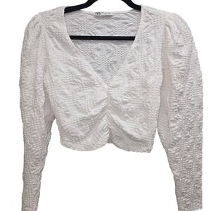 Zara White Smocked Textured Crop Top Puff Sleeve V-Neck Size Small Cottagecore